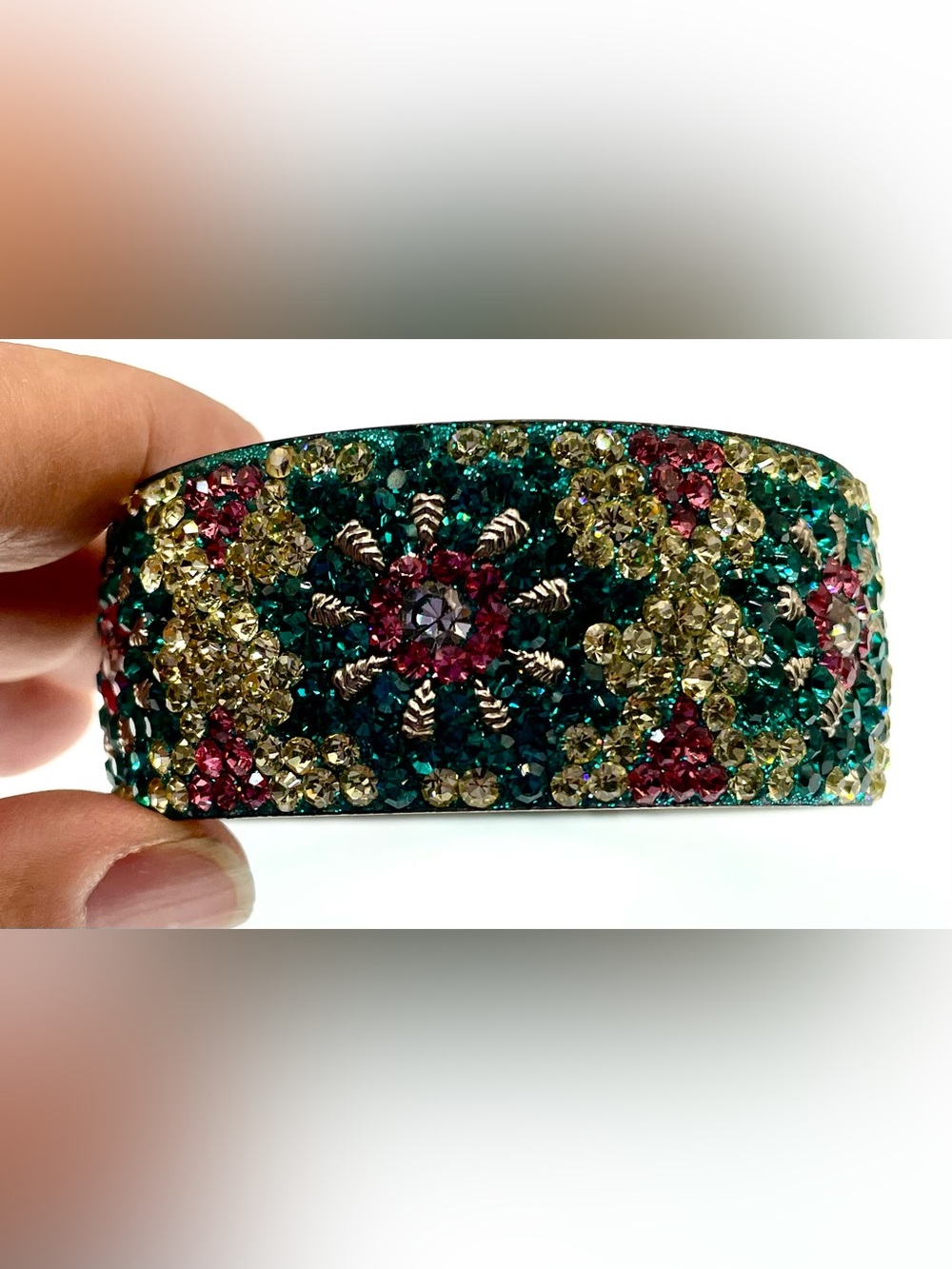 Vintage Rhinestone Crystal Floral Cuff Bracelet Wide Multicolor Statement - Picture 3 of 10